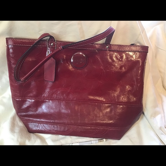 Coach Handbags - Coach Red Patent Leather Logo Tote